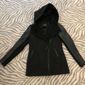 Mackage Small Black Odilia Hooded Wool Jacket with Leather Sleeves